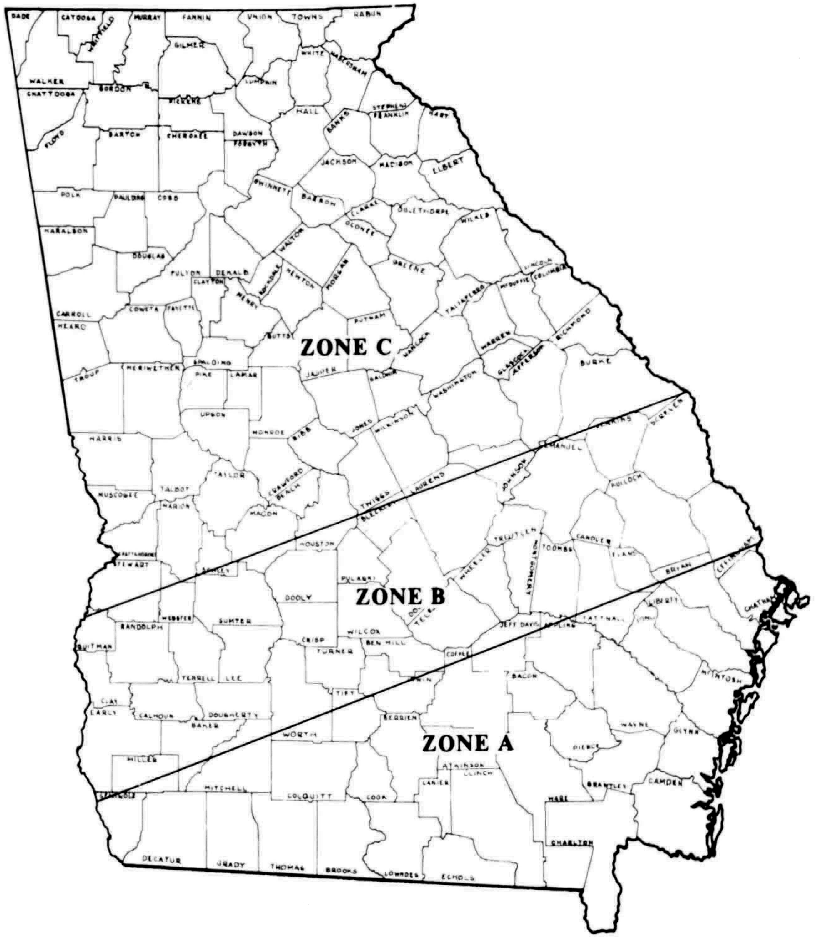 Zone map of Georgia. Most of the state is Zone C, with a stripe of Zone B below the fall line and Zone A in the south and coastal parts of the state.